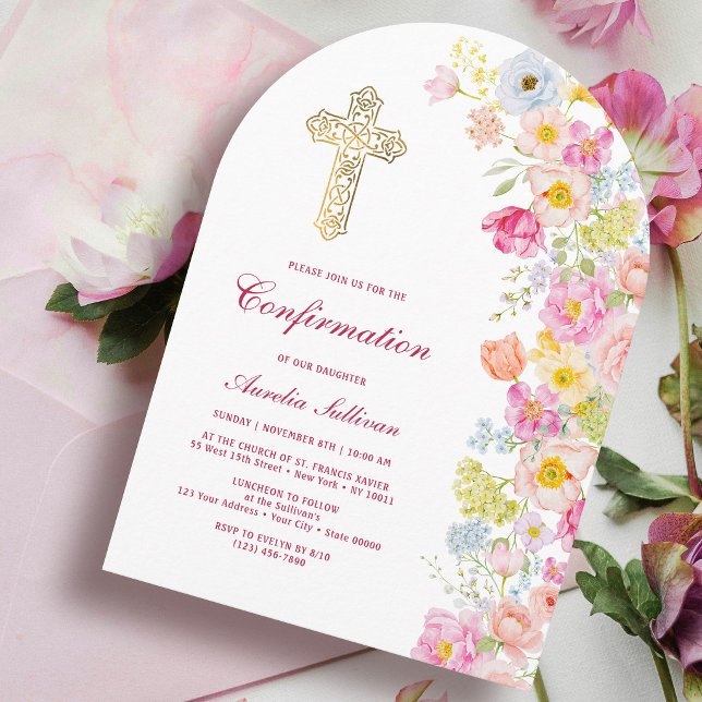 Levande pastellfärgade blommor valv bekräftelse inbjudningar (Skapare uppladdad)
