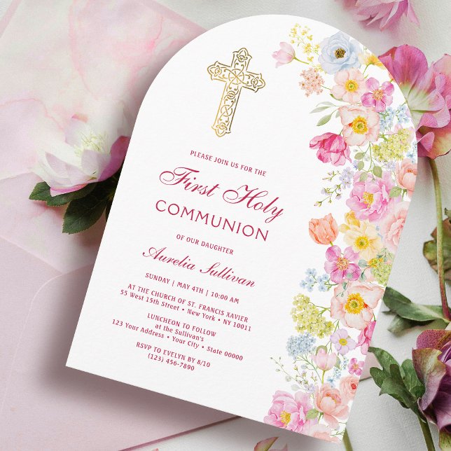 Levande pastellfärgade blommor valv första nattvar inbjudningar (Skapare uppladdad)