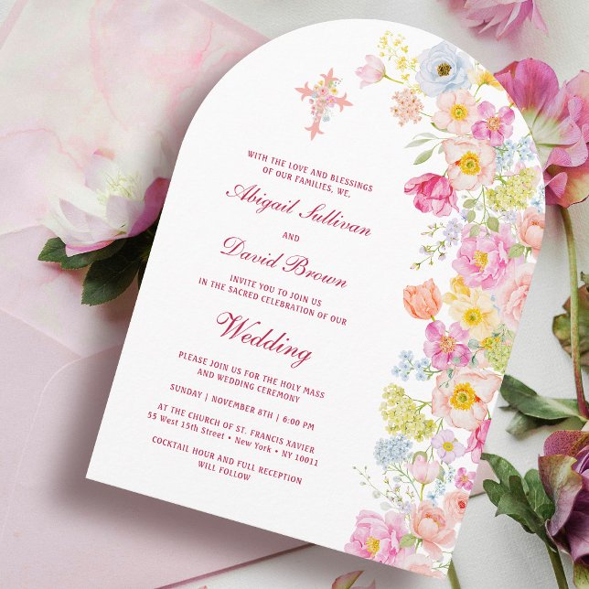 Levande pastellfärgade blommor valv religiös bröll inbjudningar (Skapare uppladdad)