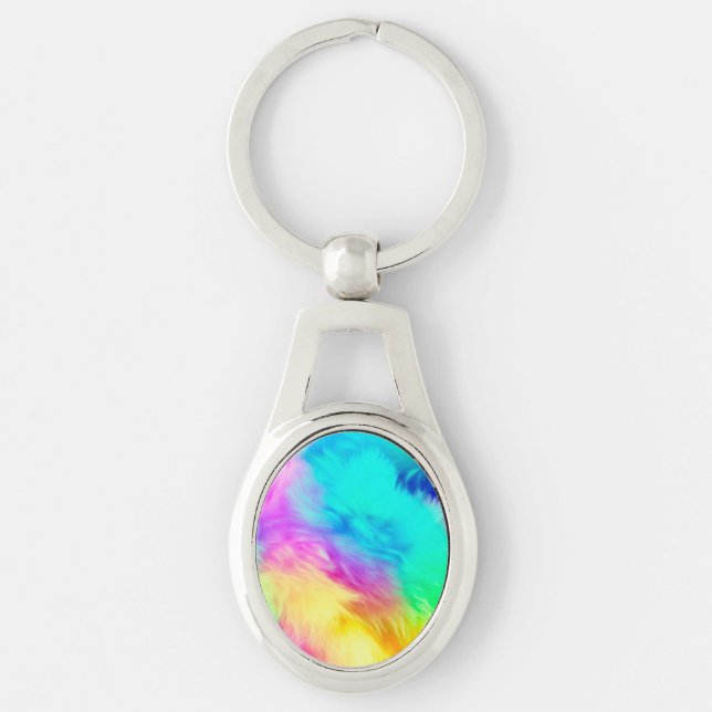 Levande regnbåge Fluffig pälsstruktur-75201 Ovalt Silverfärgad Nyckelring (Framsidan)