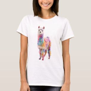 Levande regnbågsfuzzy lama porträtt kvinnor t shirt