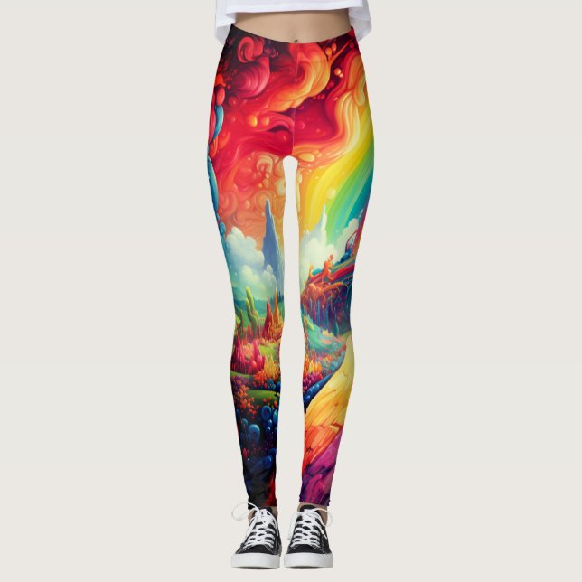 Levande regnbågsscen på ett par anpassade moderna leggings (Framsida)