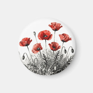 Levande röd vallmo blomsteräng magnet