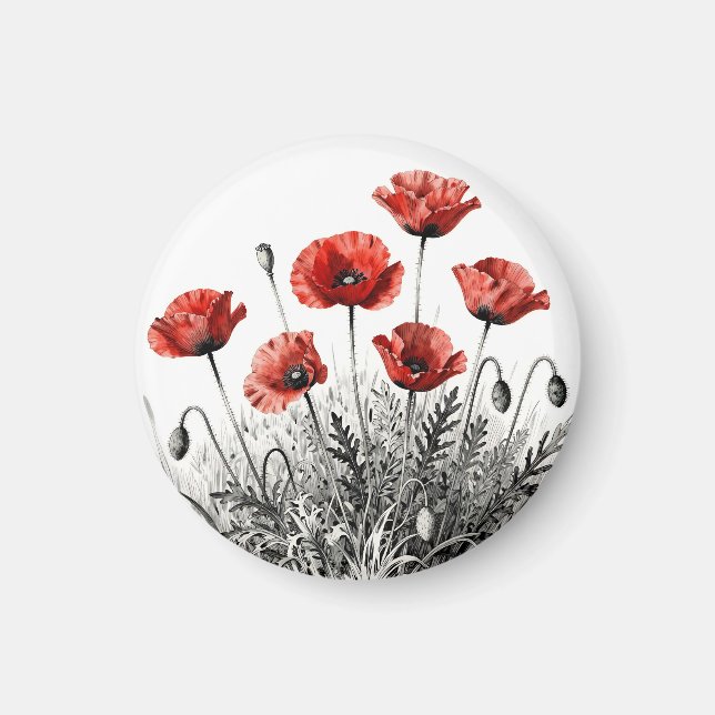 Levande röd vallmo blomsteräng magnet (Framsidan)