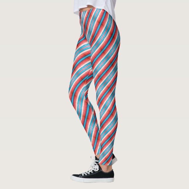 Levande röda, blå, rosa diagonala ränder mönster leggings (Vänster)