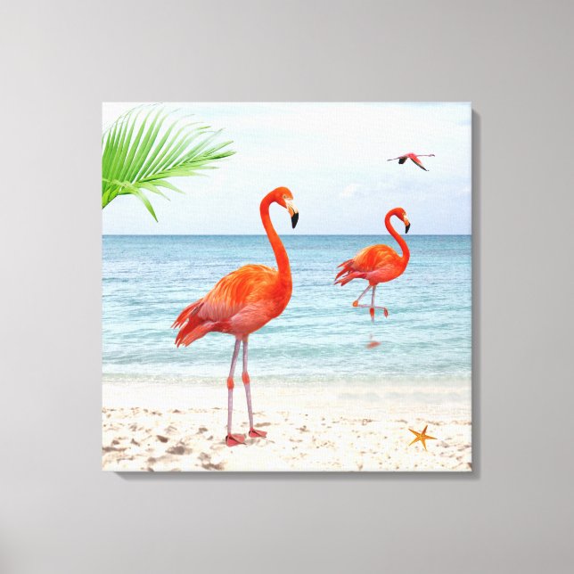 Levande röda flamingos & palm på stranden canvastryck (Framsida)