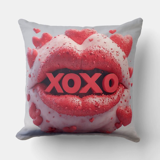 Levande röda läppar med XOXO av romantiska hjärtan Kudde (Framsida)