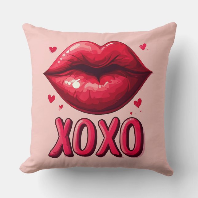 Levande röda läppar med XOXO-design Kudde (Framsida)