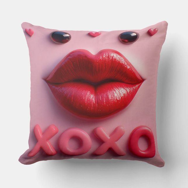 Levande röda läppar med XOXO-design Kudde (Framsida)