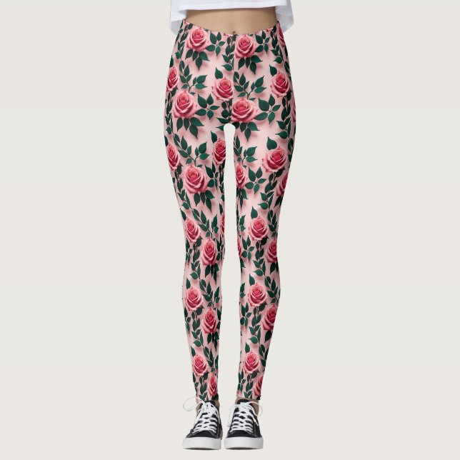 Levande röda rosor med mörkgröna blad  leggings (Framsida)