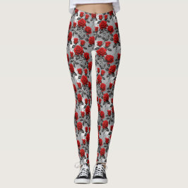 Levande röda rosor på en metallisk silverbakgrund leggings