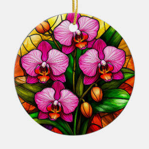 Levande rosa orkidéer och gröna blad julgransprydnad keramik