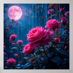 Levande rosa rosor i en månljus regnig trädgård poster