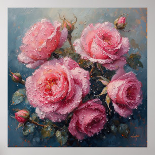 Levande rosa rosor med dagg oljemålning poster