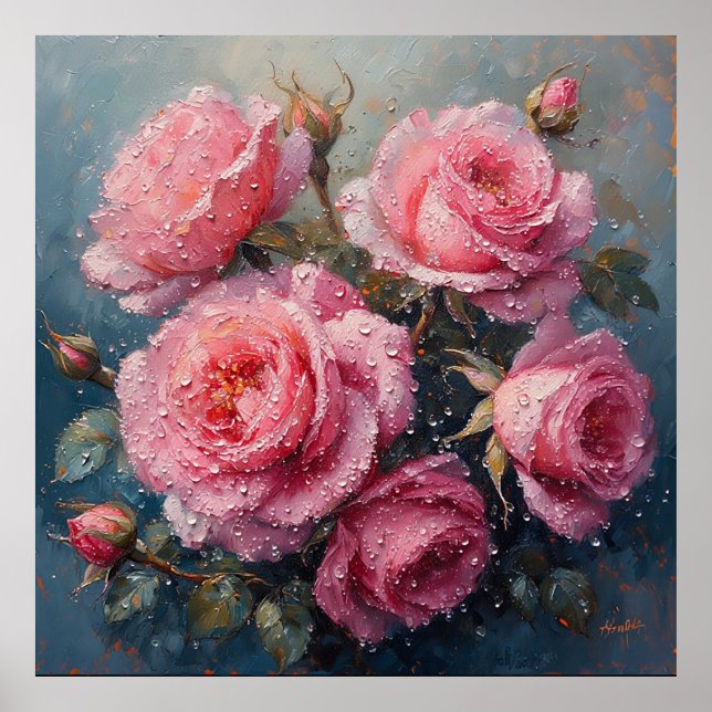 Levande rosa rosor med dagg oljemålning poster (Framsidan)