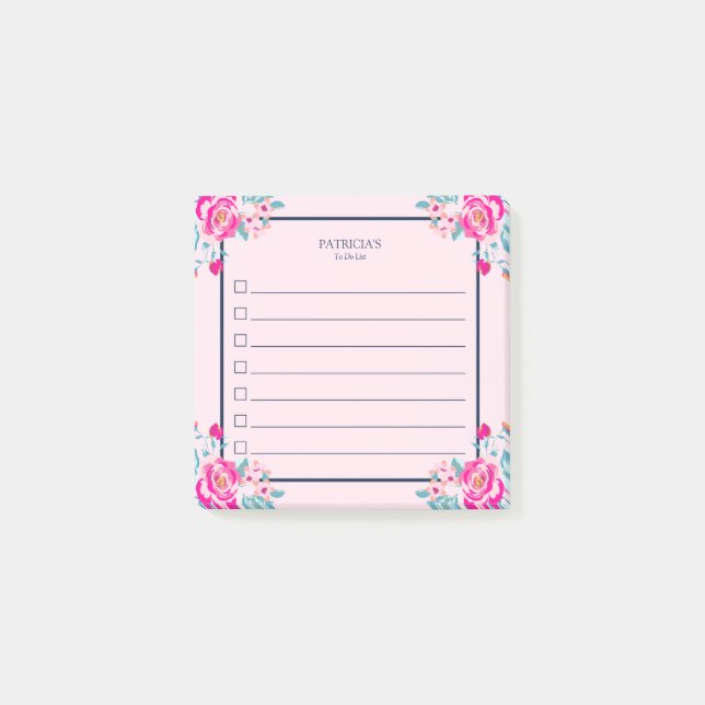 Levande rosa rosor på rosafärgad anpassat namn post-it block (Framsida)