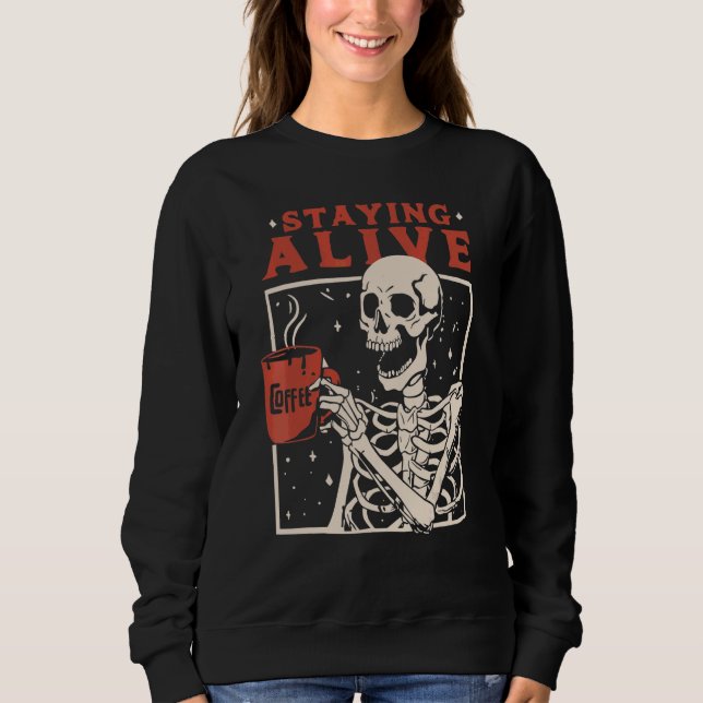 Levande Skelett Dricker Kaffe Kuslig Stämning T Shirt (Framsida)