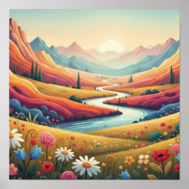 Levande solnedgång Modern Berglandskap & Blomma Poster