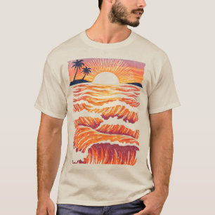 Levande solnedgång över tropiska havet palmer och t shirt