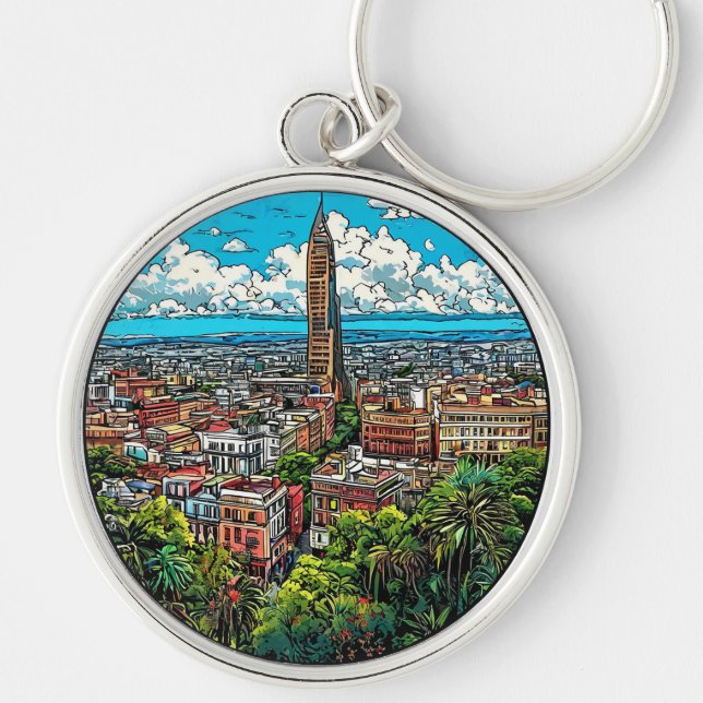 Levande stadslandskap med skyskrapa rund silverfärgad nyckelring (Framsidan)