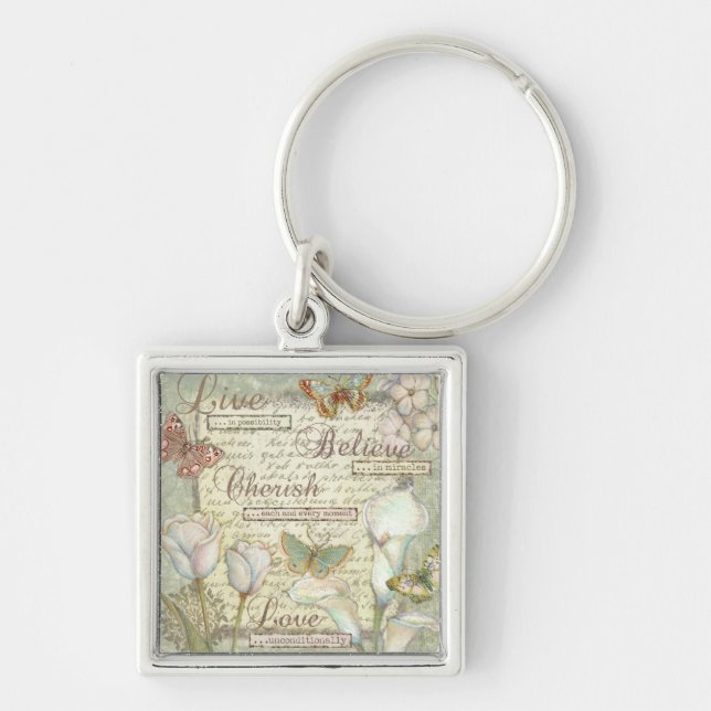 Levande tro Cherish Fyrkantig Silverfärgad Nyckelring (Framsidan)