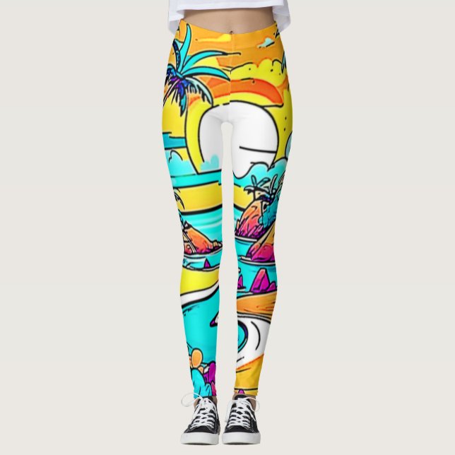 Levande tropisk solnedgångsstrand leggings (Framsida)
