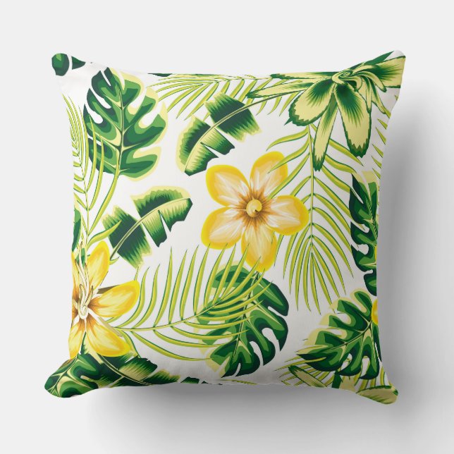 Levande tropiska sommarblommor & palmbladskudde kudde (Framsida)