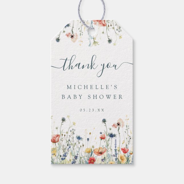 Levande vildblomma baby shower present presentetikett (Framsidan)