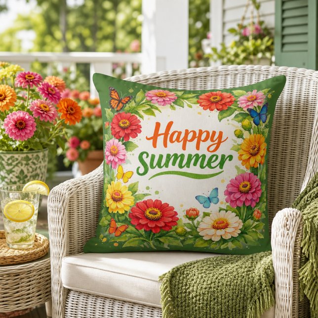 Levande Zinnia-blommor Glad sommar grön  Kudde (Skapare uppladdad)