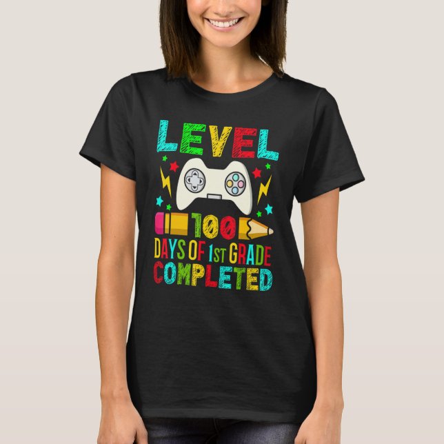 Level 100 Days Of 1st Grade Completed School Gamer T Shirt (Framsida)