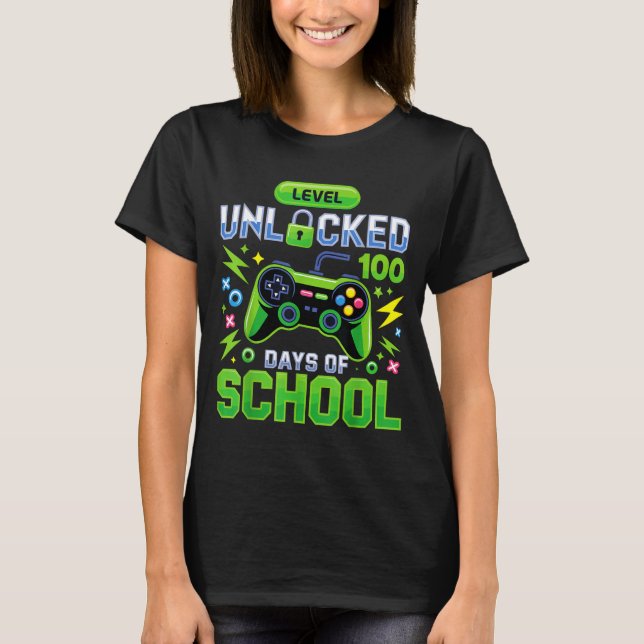 Level 100 Days Of School Unlocked Funny Video Game T Shirt (Framsida)