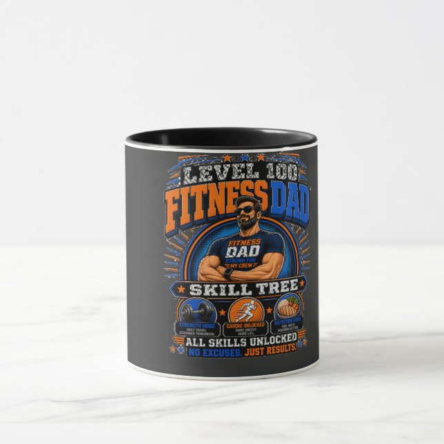 Level 100 Fitness Pappa Tröja – Skill Tree Gym Pap Mugg (Center)