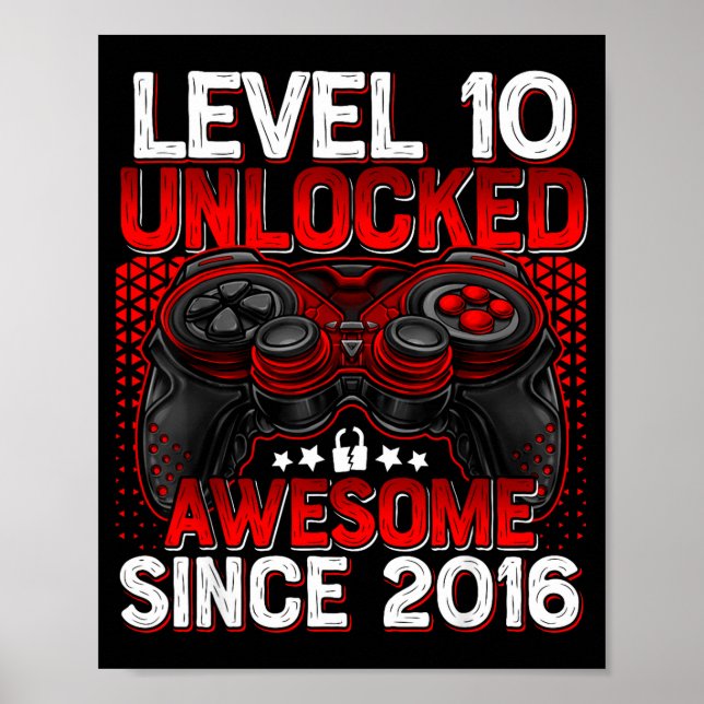 Level 10 Unlocked 10 Year Old Boys 10th Birthday B Poster (Framsidan)