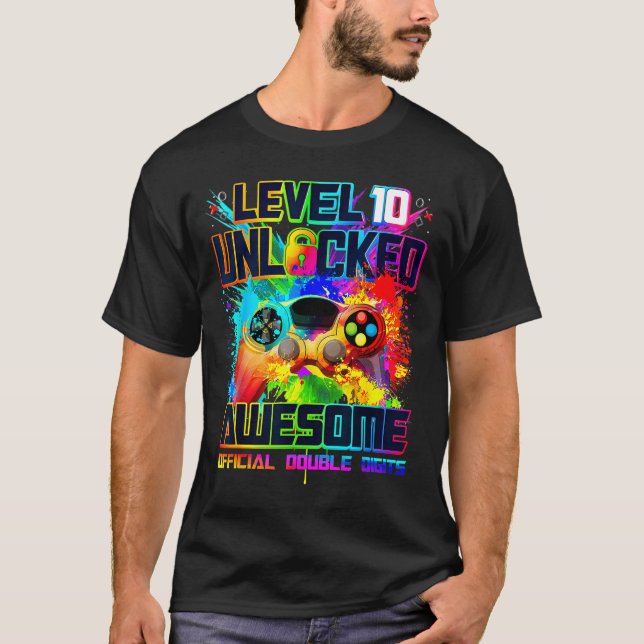 Level 10 Unlocked Awesome Gaming Birthday Boy 10th T Shirt (Framsida)