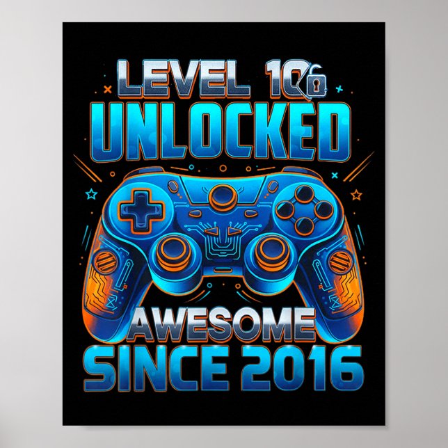 Level 10 Unlocked Awesome Since 2016 10th Birthday Poster (Framsidan)