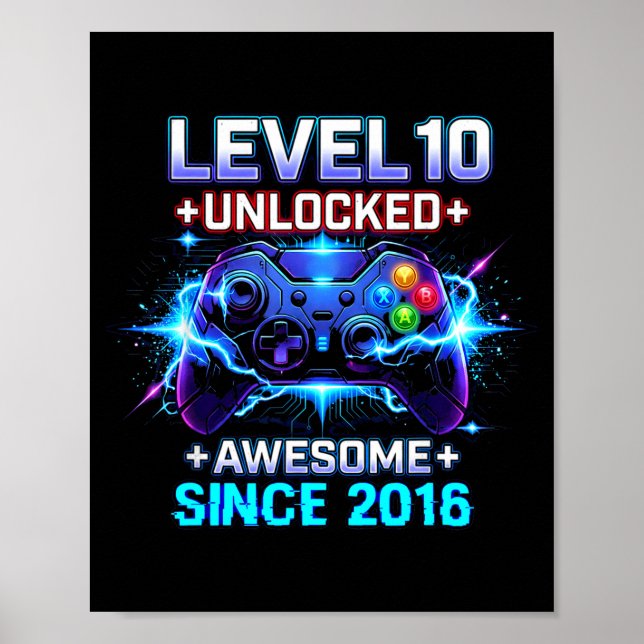 Level 10 Unlocked Awesome Since 2016 10th Birthday Poster (Framsidan)