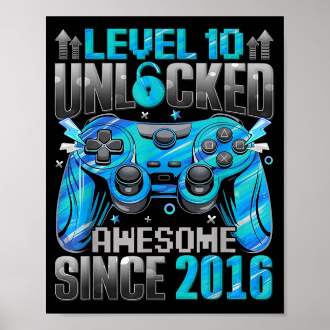 Level 10 Unlocked Awesome Since 2016 10th Birthday Poster (Framsidan)