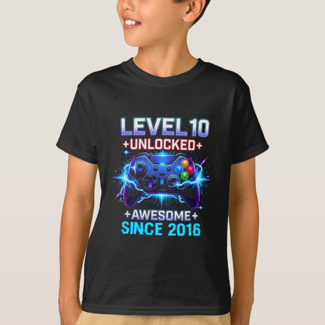Level 10 Unlocked Awesome Since 2016 10th Birthday T Shirt (Framsida)