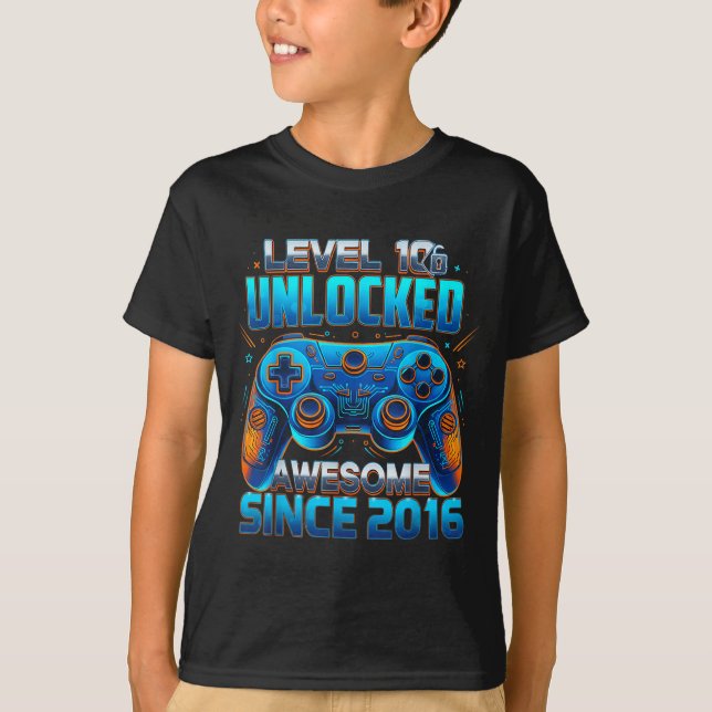Level 10 Unlocked Awesome Since 2016 10th Birthday T Shirt (Framsida)