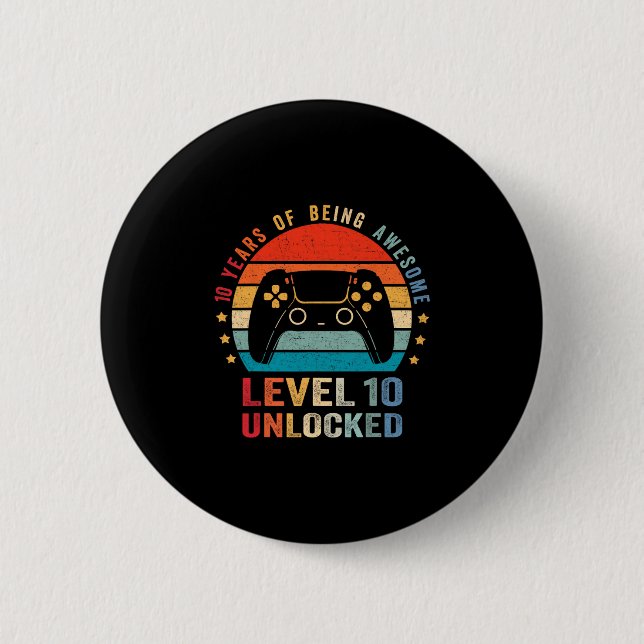 Level 10 Unlocked Shirt Funny Video Gamer 10th Bir Knapp (Framsida)