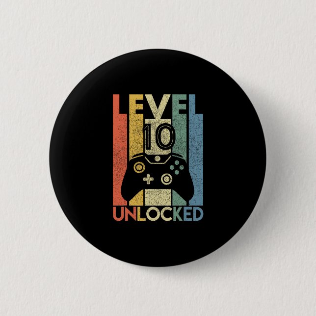 Level 10 Unlocked Shirt Funny Video Gamer 10th Bir Knapp (Framsida)