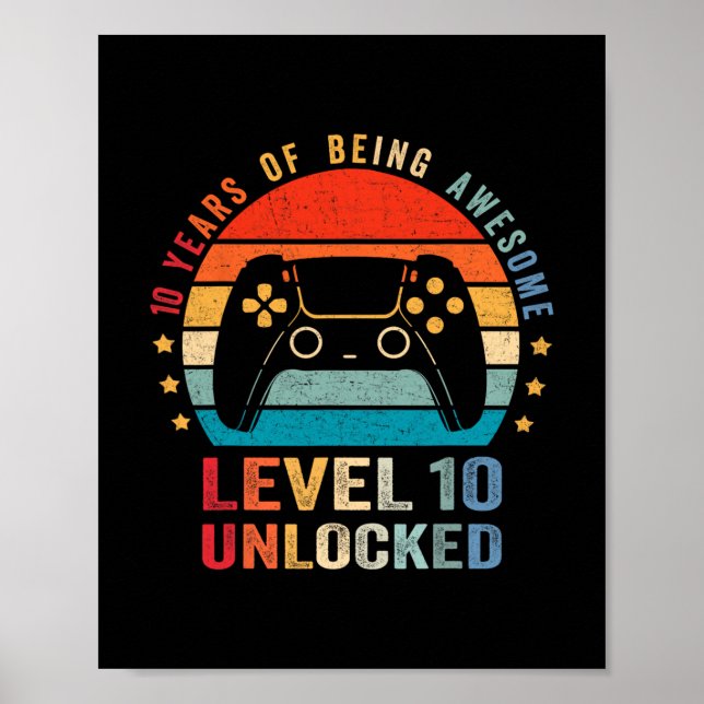 Level 10 Unlocked Shirt Funny Video Gamer 10th Bir Poster (Framsidan)