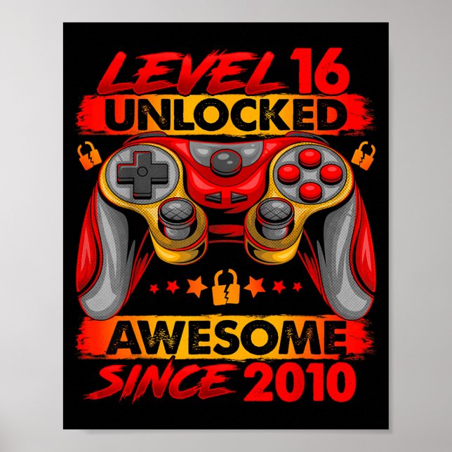 Level 16 Unlocked 16 Year Old Boys 16th Birthday B Poster (Framsidan)