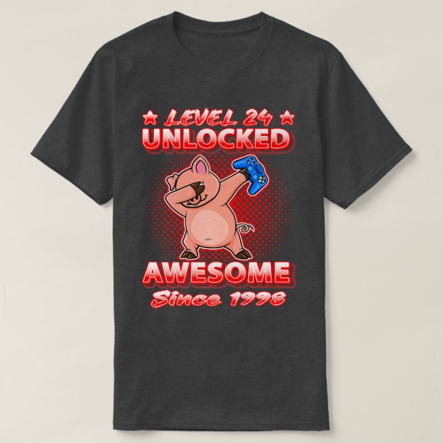 Level 24 Unlocked Gamers Born 1998 Dabbing Pig 24t T Shirt (Design framsida)