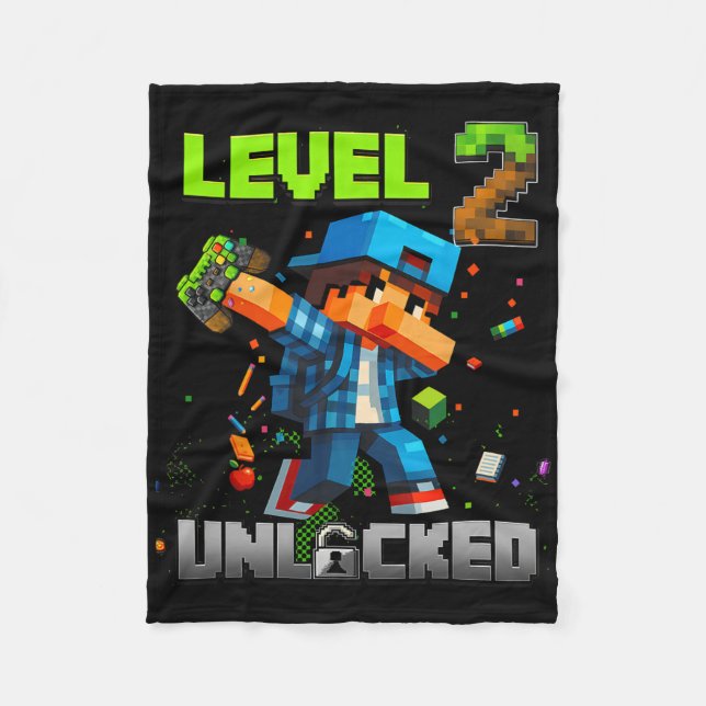 Level 2 Unlocked Funy Birthday Boy Pixel Gamer 2nd Fleecefilt (Framsidan)