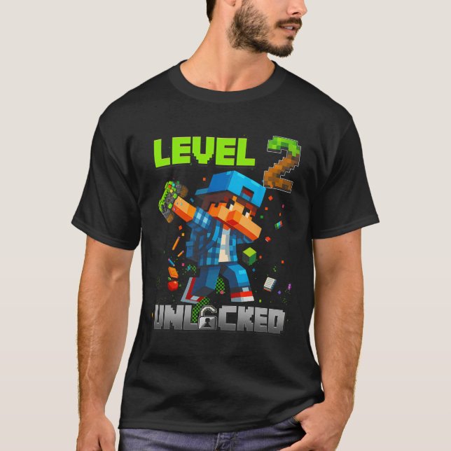 Level 2 Unlocked Funy Birthday Boy Pixel Gamer 2nd T Shirt (Framsida)