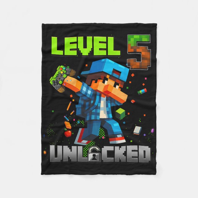 Level 5 Unlocked Funy Birthday Boy Pixel Gamer 5th Fleecefilt (Framsidan)
