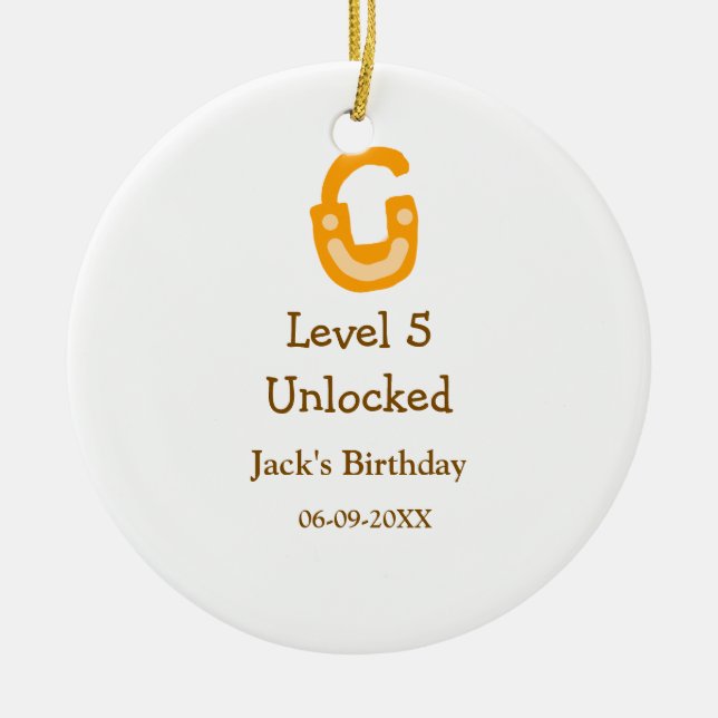 Level 5 unlocked lock orange brown happy birthday  julgransprydnad keramik (Framsidan)