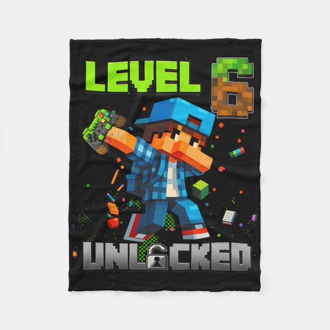 Level 6 Unlocked Funy Birthday Boy Pixel Gamer 6th Fleecefilt (Framsidan)