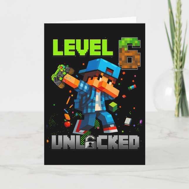 Level 6 Unlocked Funy Birthday Boy Pixel Gamer 6th Kort (Framsida)